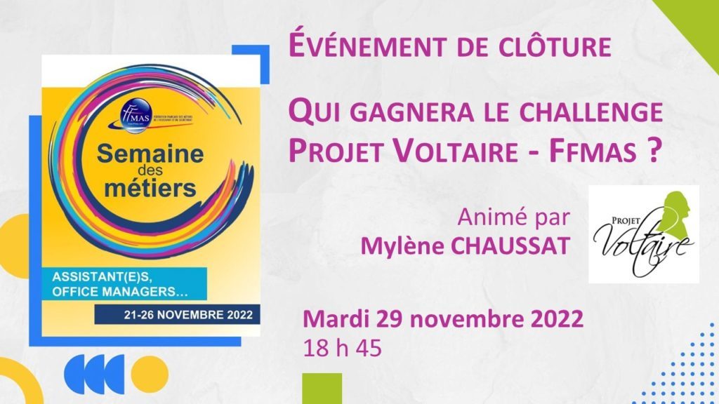 Lire la suite à propos de l’article Relevons le challenge Projet Voltaire – FFMAS | Clôture de la semaine des métiers 2022